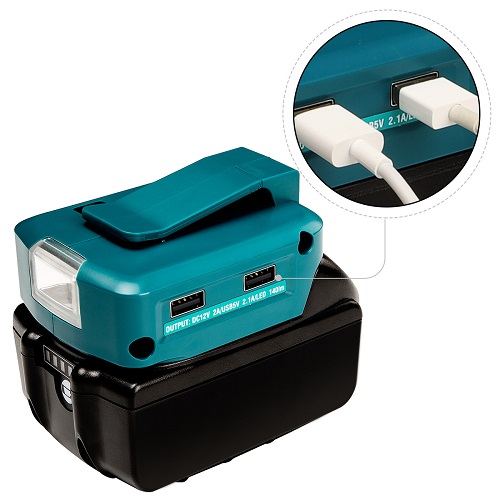 Dual USB Power Battery Charger Adapter For Makita 18V Li-Ion Battery with 200 Lumen LED Light and 12V Dc Output