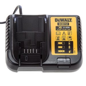 DeWalt DCB112-XE charger plugged in, charging a DeWalt XR battery with the LED indicator displaying charging status