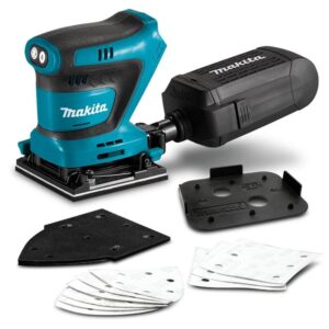 Makita DBO480Z 18V Cordless Finishing Sander sanding furniture, highlighting its dust collection and interchangeable pads