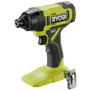 RYOBI RID18 18V ONE+ Cordless Impact Driver driving a screw into wood, showcasing its compact size and powerful performance.